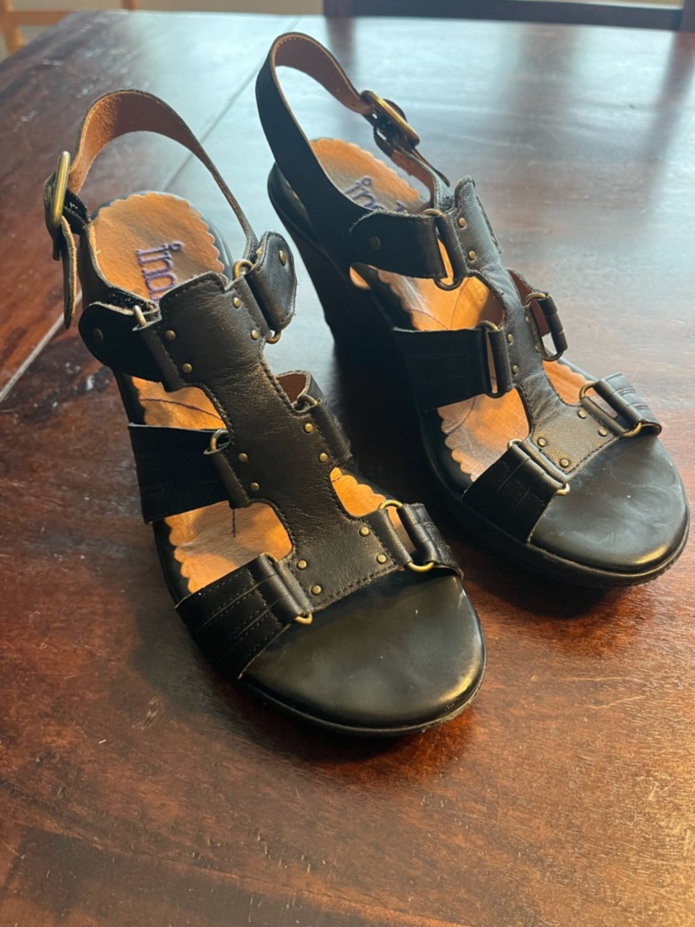 Indigo Black Leather Wedge Sandals with Buckle Straps